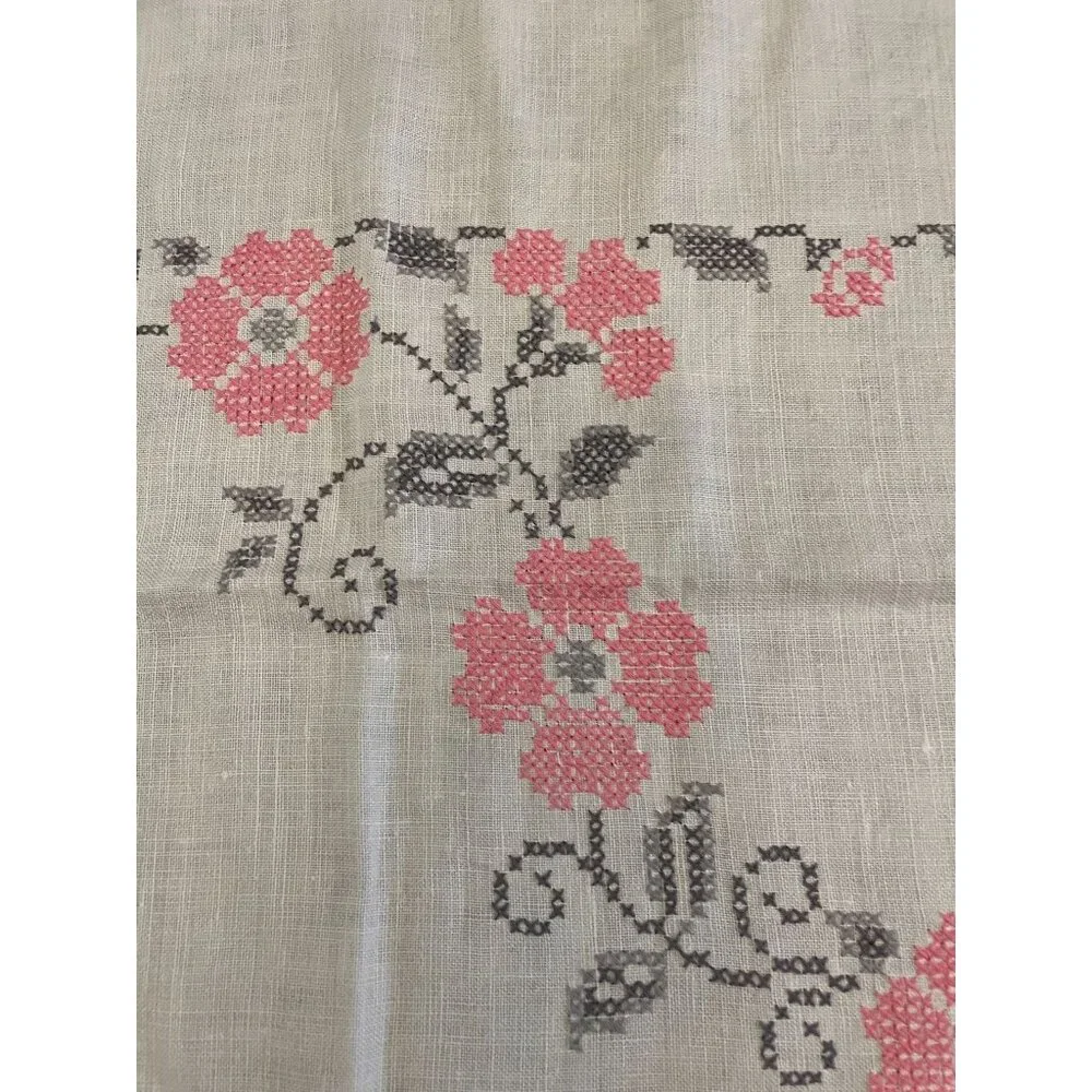 Vintage Cross Stitch Tablecloth Used Pink Gray
